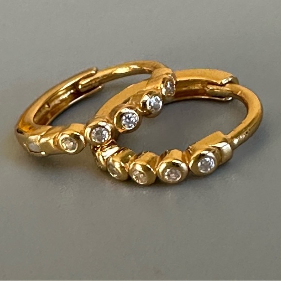 Tiny Sterling Silver CZ Tiny Hoop Earrings in Gold - Picture 3 of 8